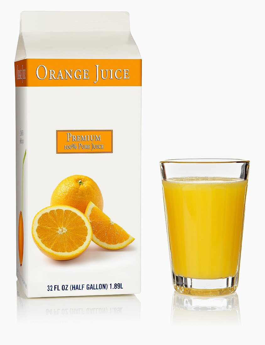 Orange juice in Tetra Pak carton and glass (USA)