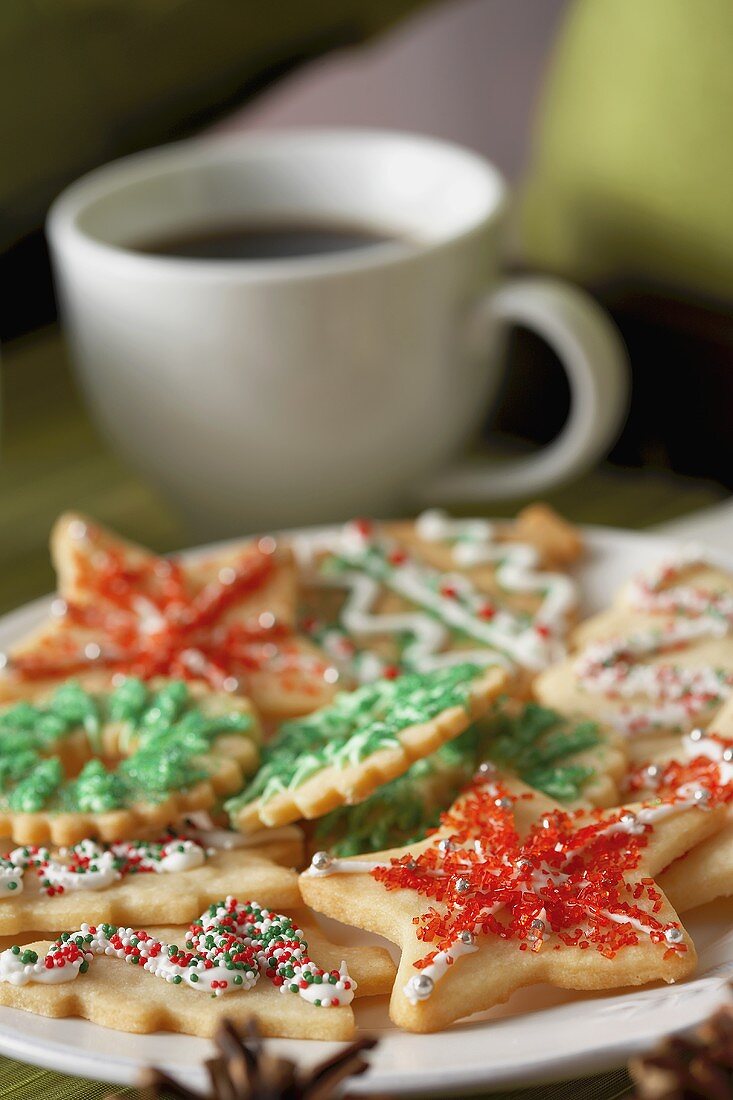 Assorted Colorful Christmas Cookies with Coffee