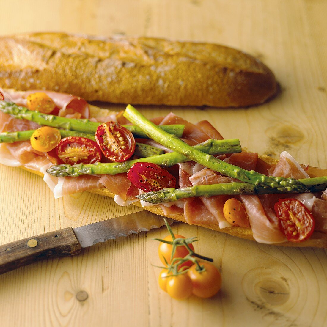 Prosciutto, Asparagus and Tomatoes on a Baguette