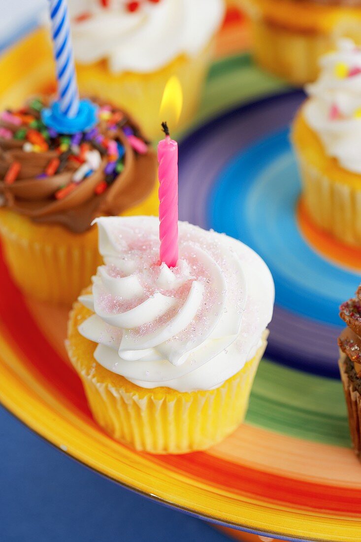 Assorted Cupcakes with Candles on a Colorful Plate