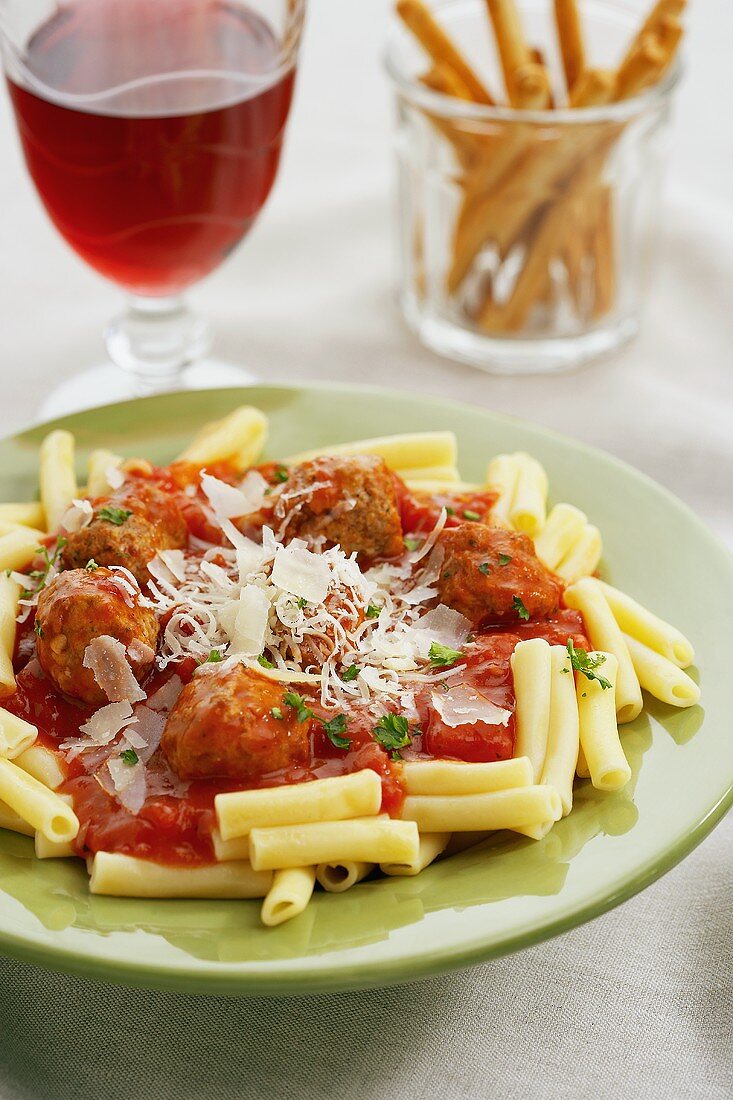 Rotini with Sauce, Meatballs and Parmesan; Wine and Grissini