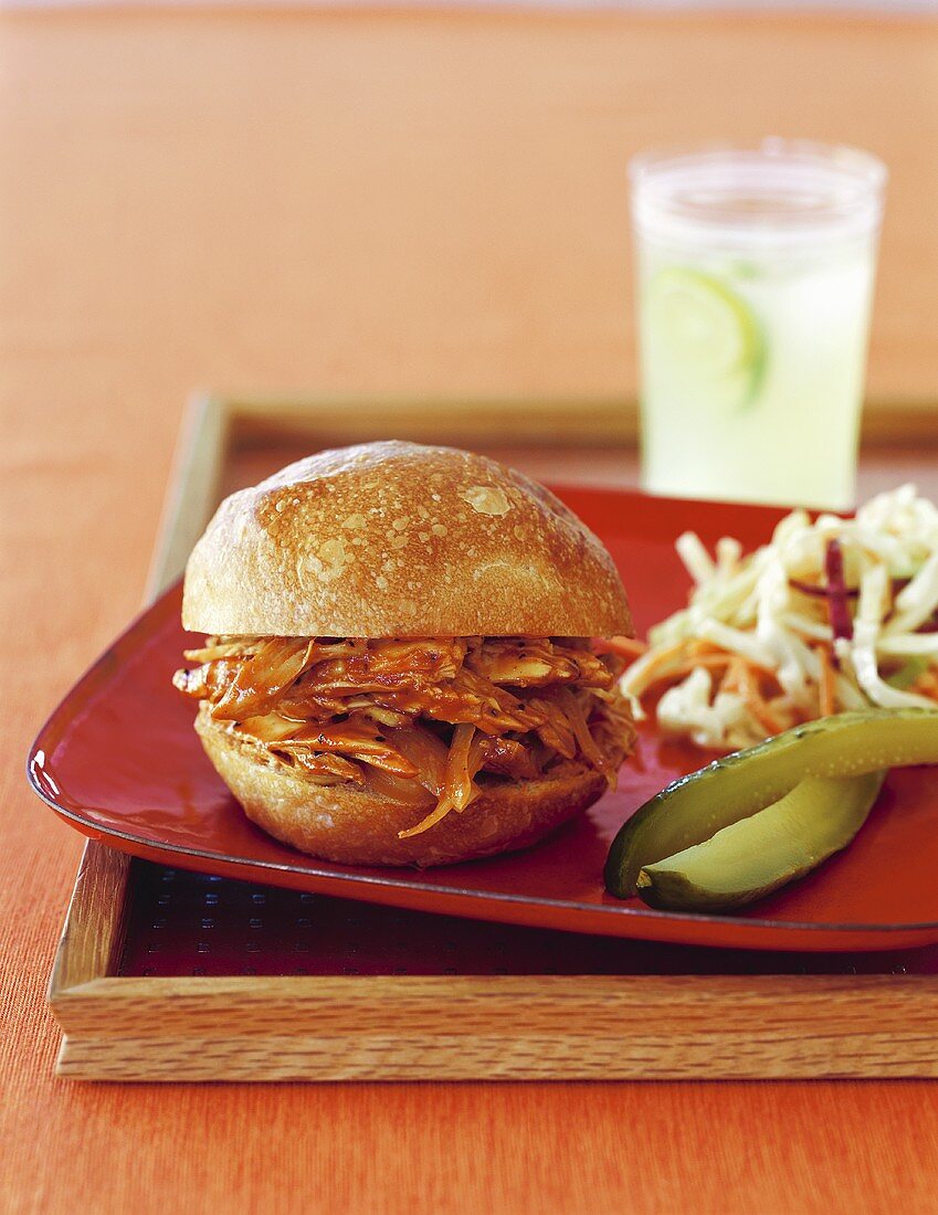 Barbecue Chicken Sandwich with Coleslaw, Pickle and Lemonade