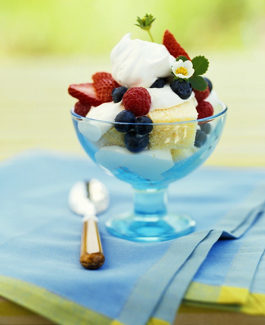 Pound Cake, Berries and Whipped Cream in a Dessert Glass