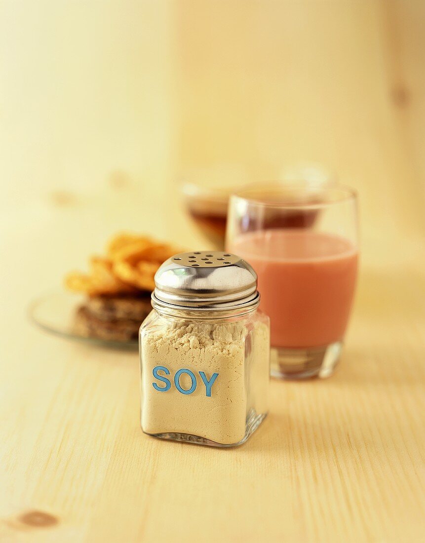 Soy Cheese in a Glass Shaker with other Soy Foods