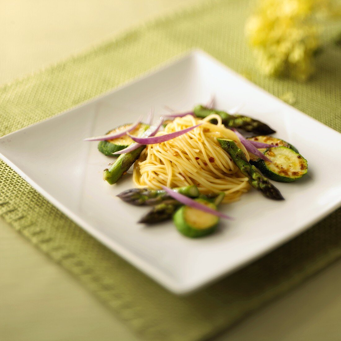 Angel Hair Pasta with Zucchini, Asparagus and Red Onion