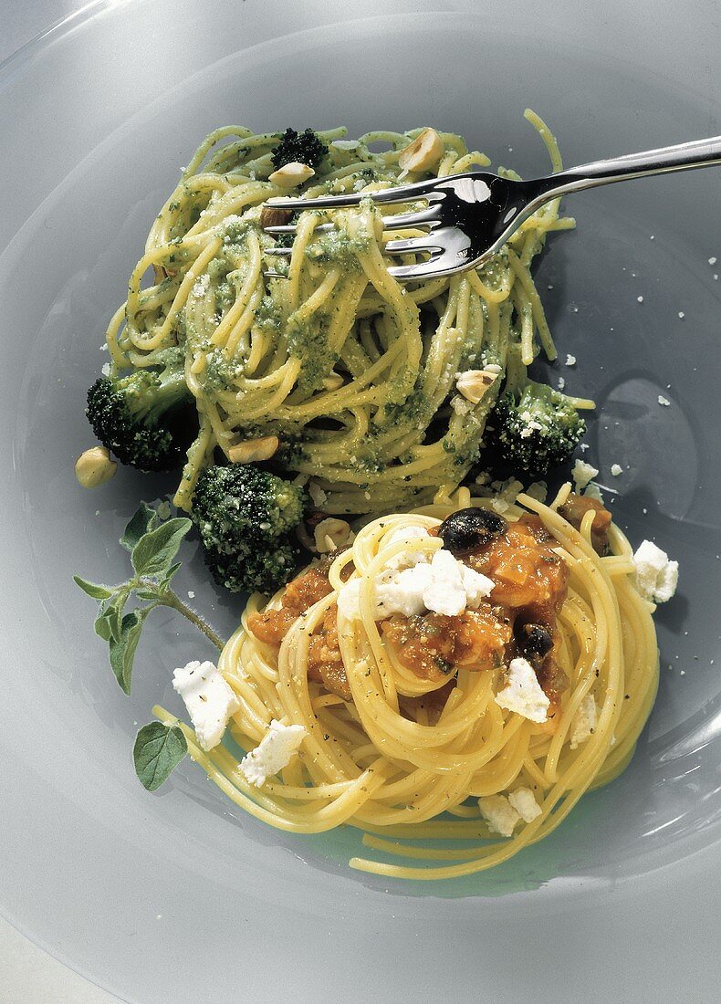 Spaghetti with Pesto; Spaghetti with Feta; Olives