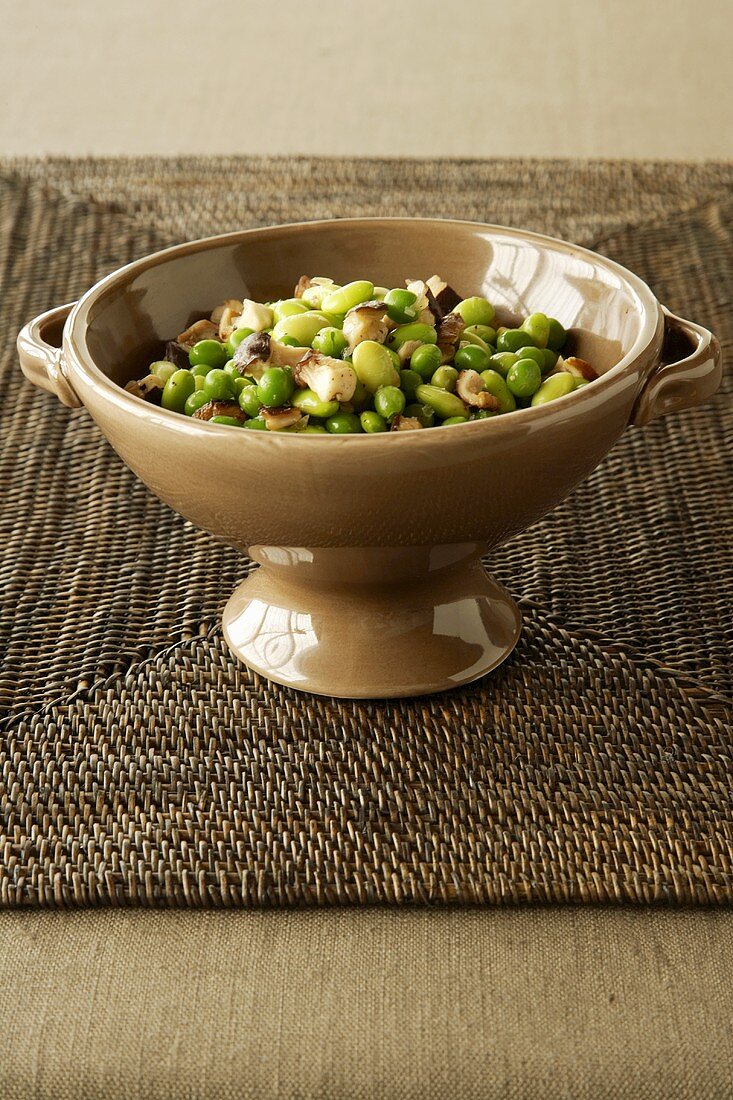 Edamame and Mushrooms in a Porcelain Serving Bowl