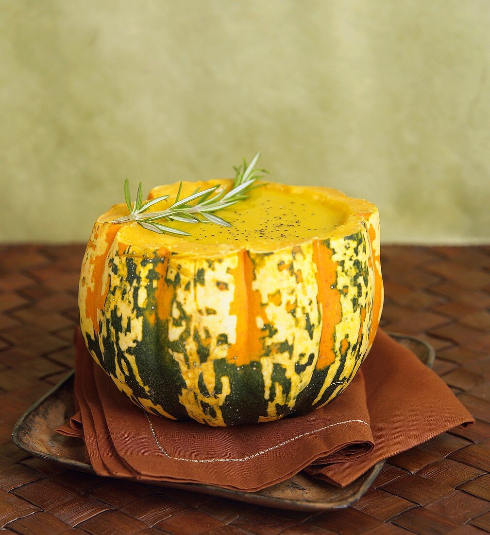 Squash Soup inside a Squash Shell with Fresh Rosemary