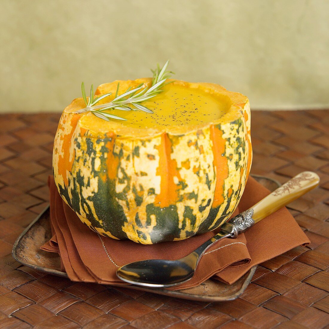 Squash Soup inside a Squash Shell with Fresh Rosemary
