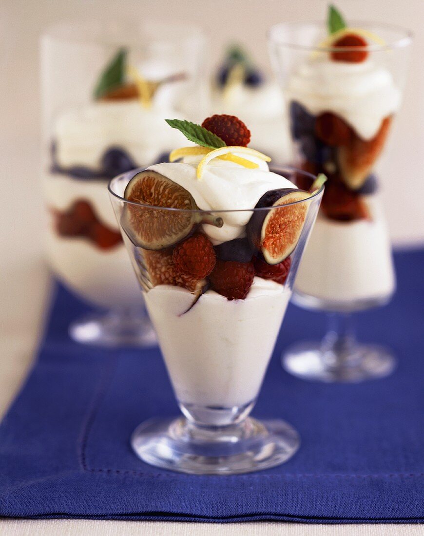 Yogurt with Figs and Raspberries in Dessert Glasses