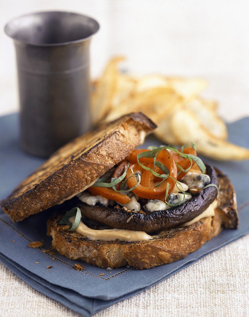 Portobello Mushroom Burger with Blue Cheese, Red Peppers and Citrus Mayonnaise