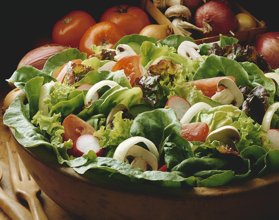 Garden salad with tomatoes, onions, mushrooms, and radishes
