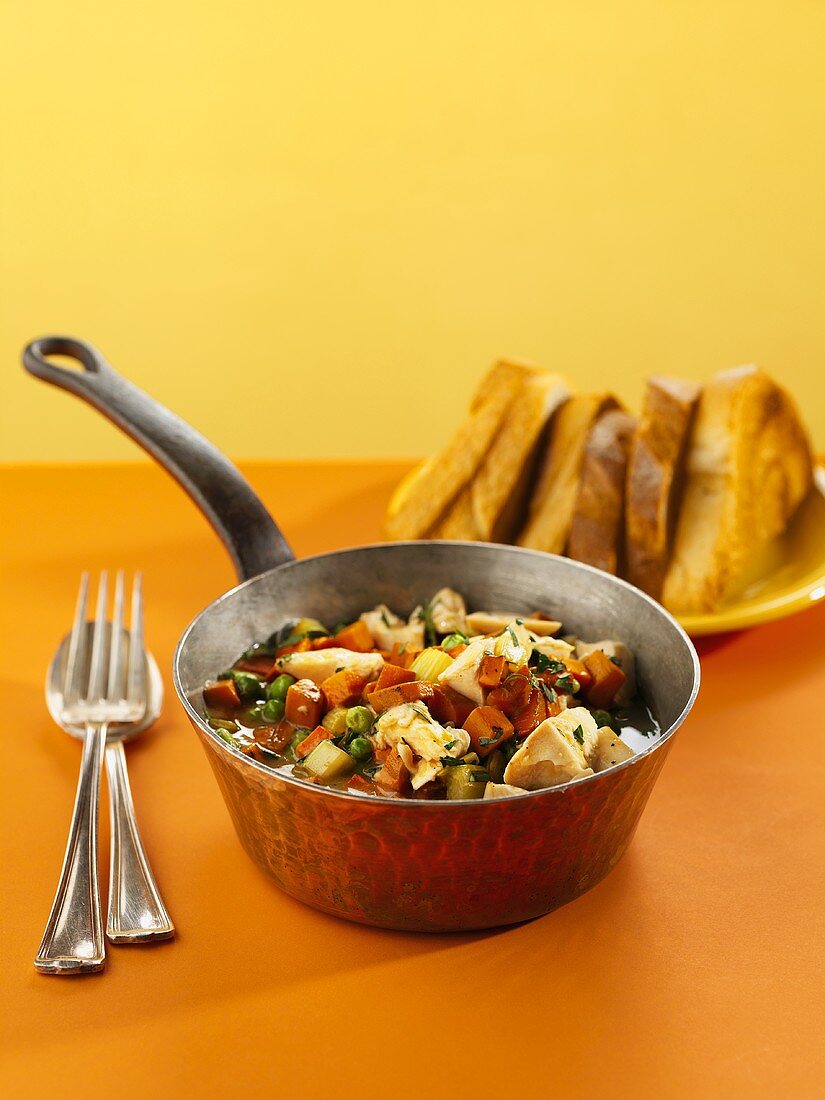Chicken and Vegetable Stew in a Pot with Toasted Bread Triangles