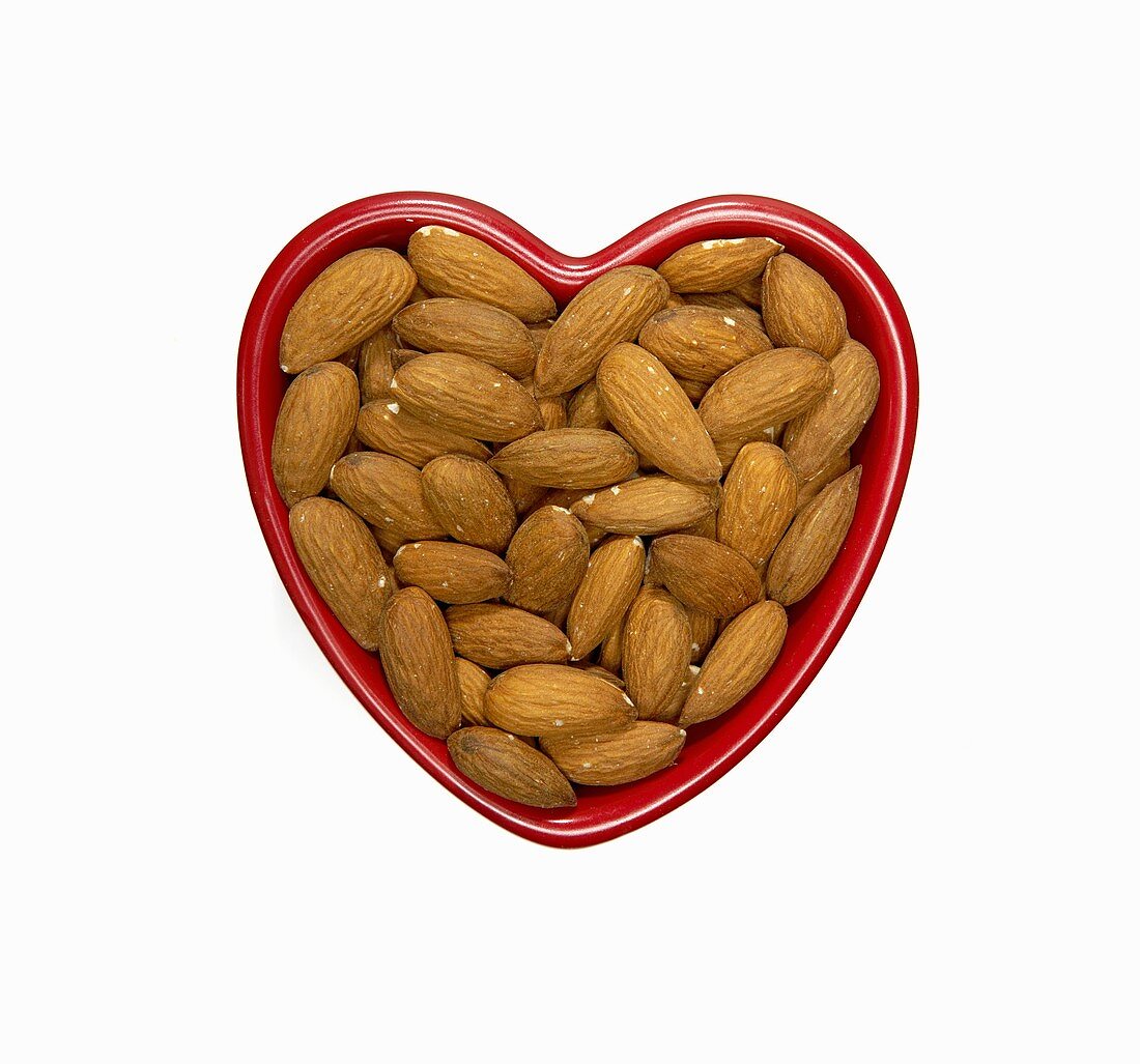 Almonds in a Red Heart Shaped Bowl