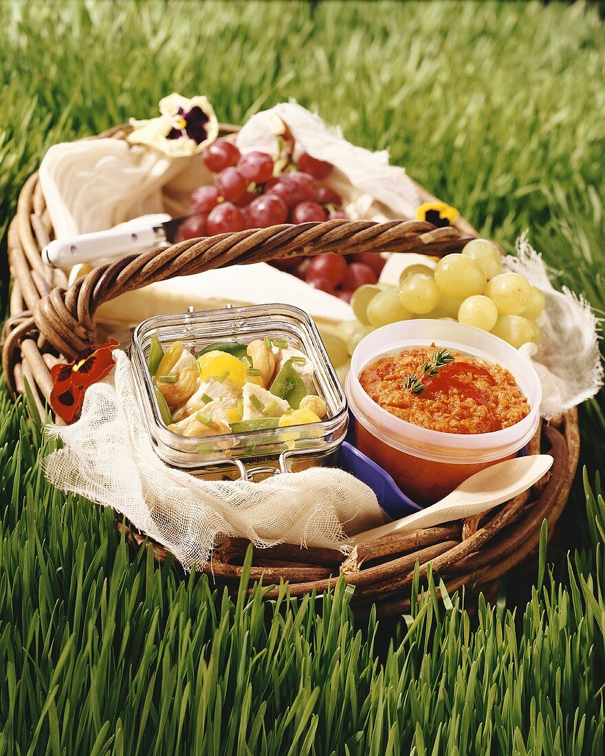 Picknickkorb mit Hähnchensalat, Tomaten-Paprika-Dip & Trauben