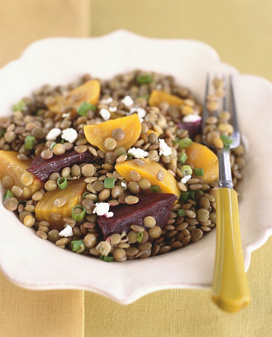 Lentil salad with beetroot and sharon fruit