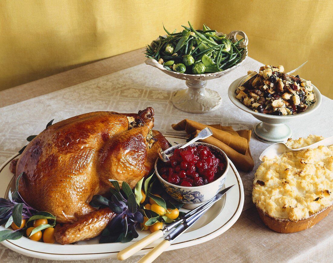 Thanksgiving Buffet with Turkey on a Platter with Bowl of Cranberry Sauce and Side Dishes