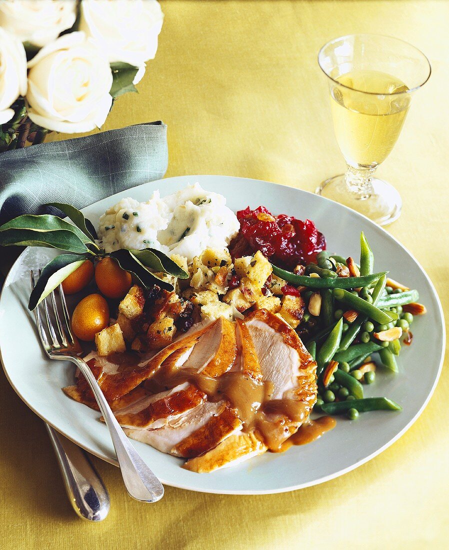 Truthahn mit Cranberrysauce, Kartoffelpüree und grünen Bohnen