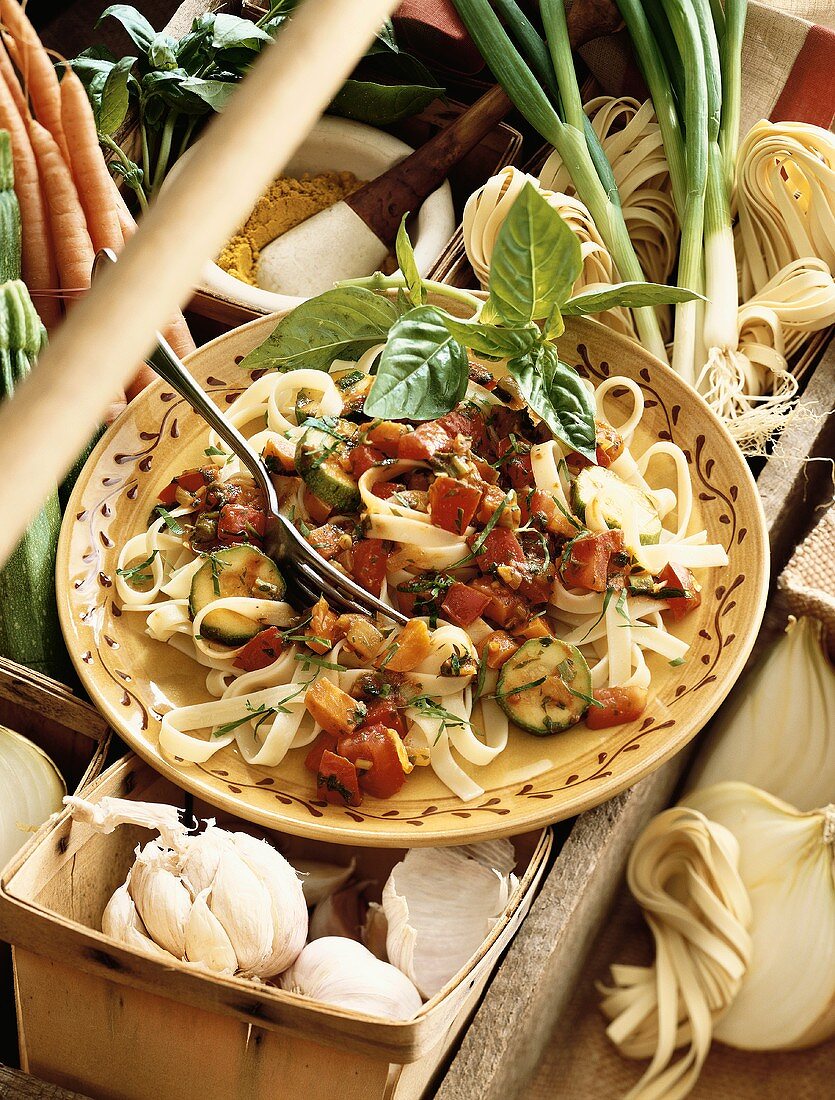 Fettuccine with Fresh Vegetables and Fresh Herbs; Fresh Ingredients