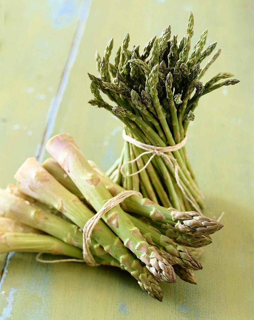 Two Fresh Bundles of Asparagus Tied with String; One with Thin Spears and One with Thick Spears