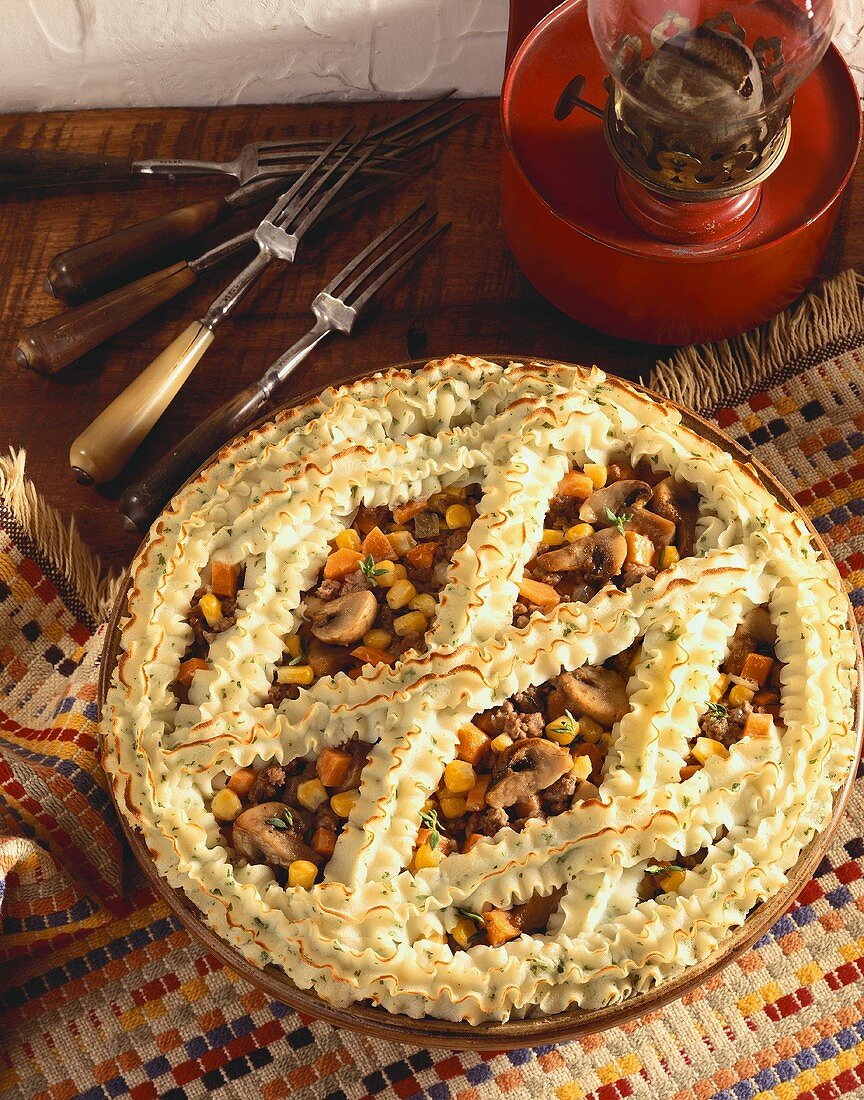 Rustic Shepherds Pie with Forks; Gas Lantern