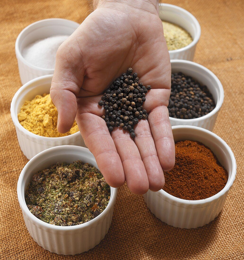 Peppercorns in someone's hand and small bowls of spices