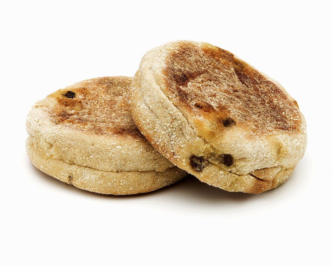 Two English muffins with cinnamon and raisins