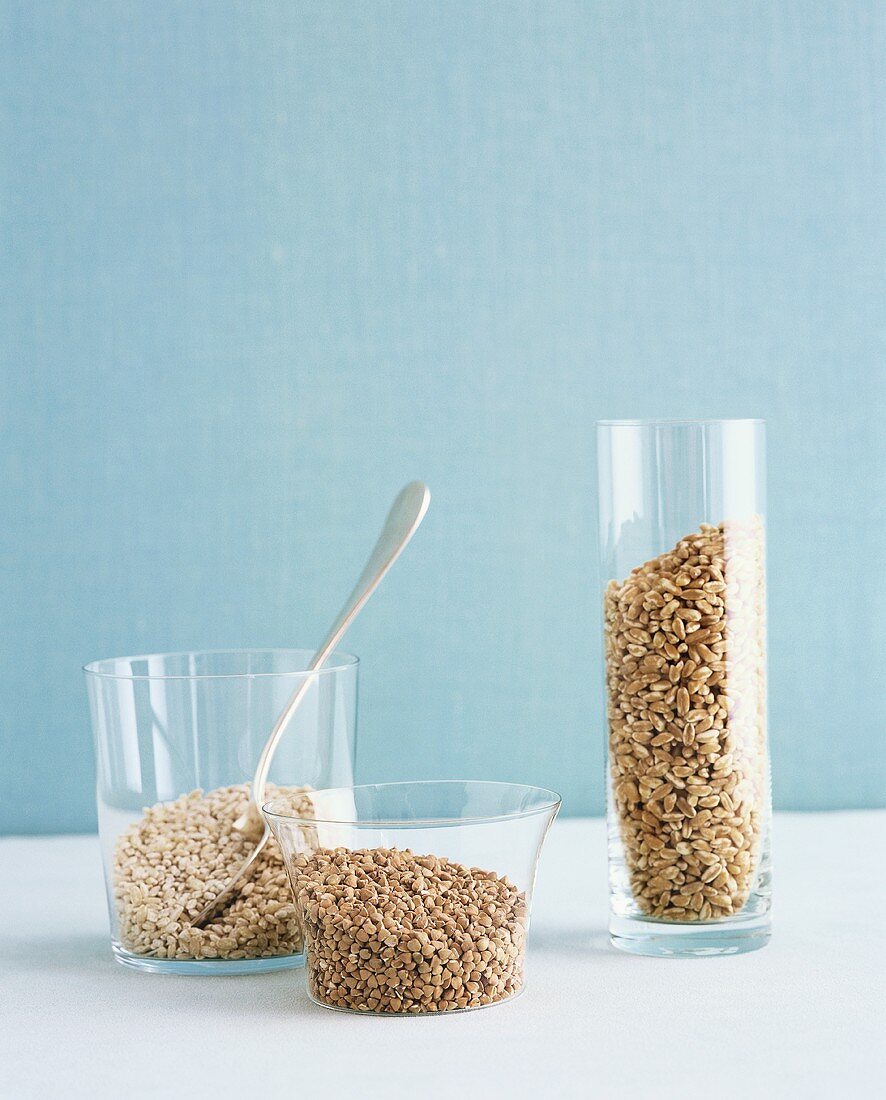 Barley, Buckwheat and Wheatberries in Glass Containers