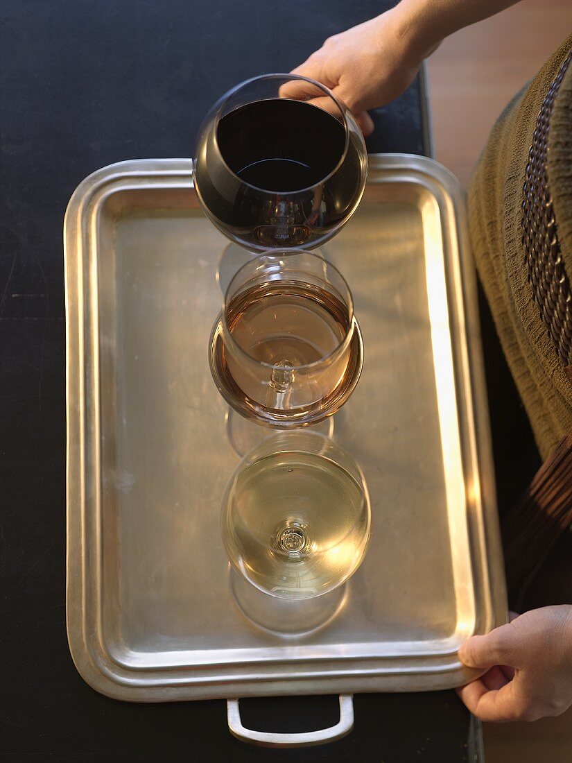 Red, white and rosé wine on a silver tray