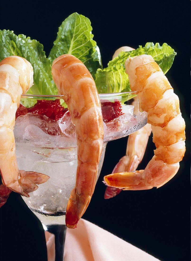 Shrimpscocktail mit Eiswürfeln und Cocktailsauce im Glas
