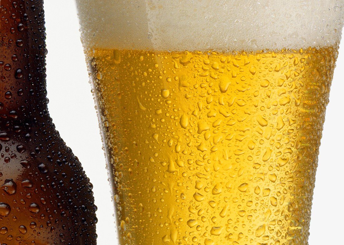 Close Up of Wet Glass of Light Beer and Wet Beer Bottle