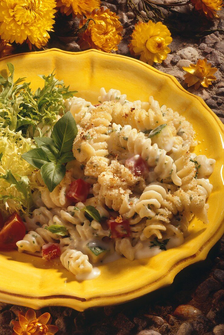 Vegetable Fusilli in Cheese Sauce with Side Salad