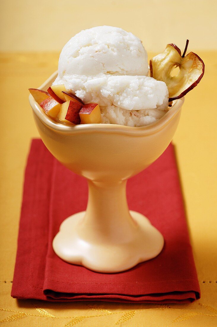 Peach Sorbet Garnished with Diced Nectarine and an Apple Chip