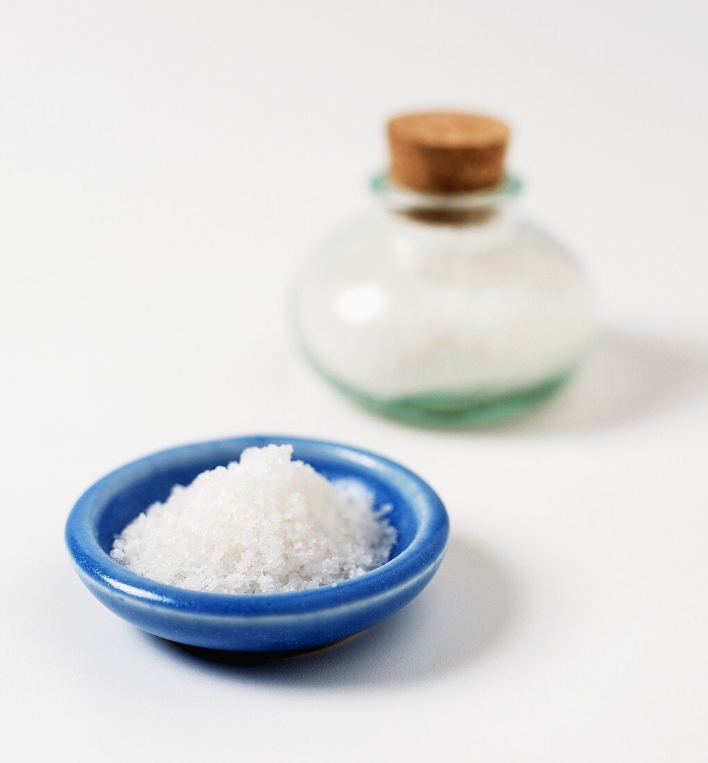 Sea salt in a small blue bowl