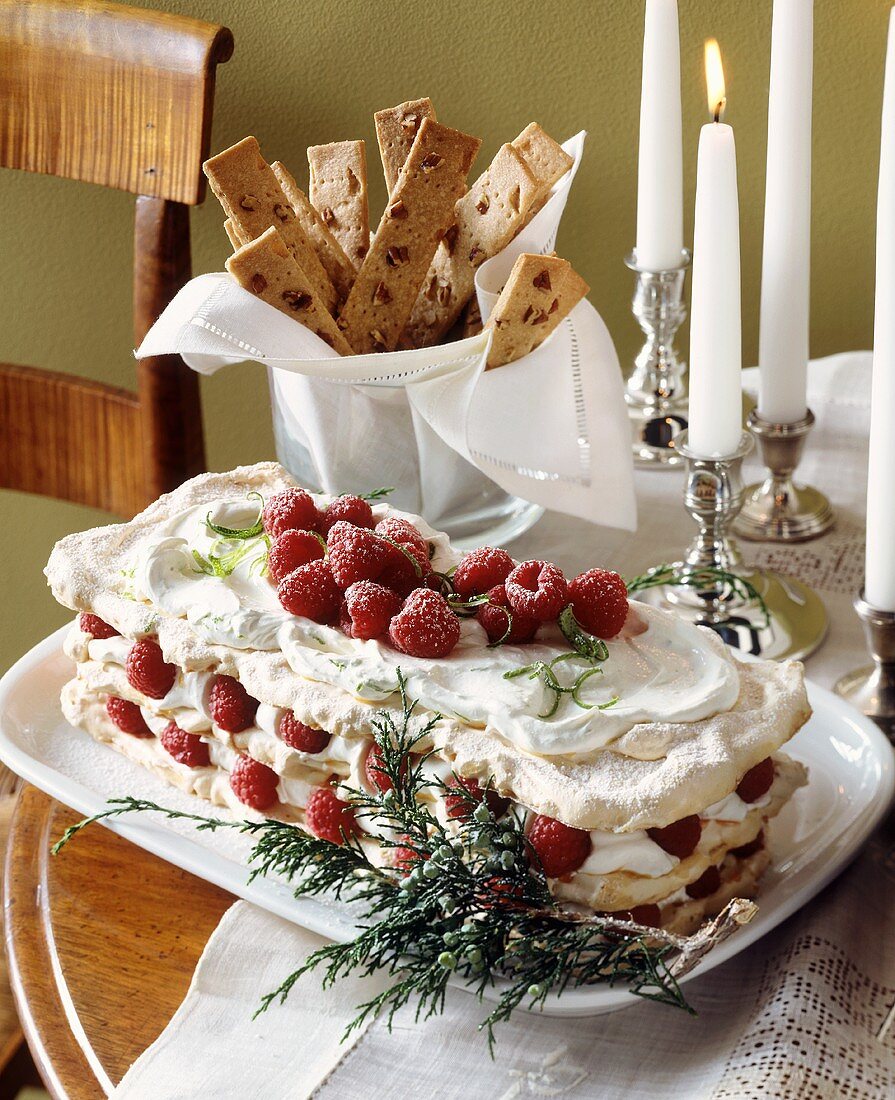 Meringue with vanilla cream and raspberries for Christmas