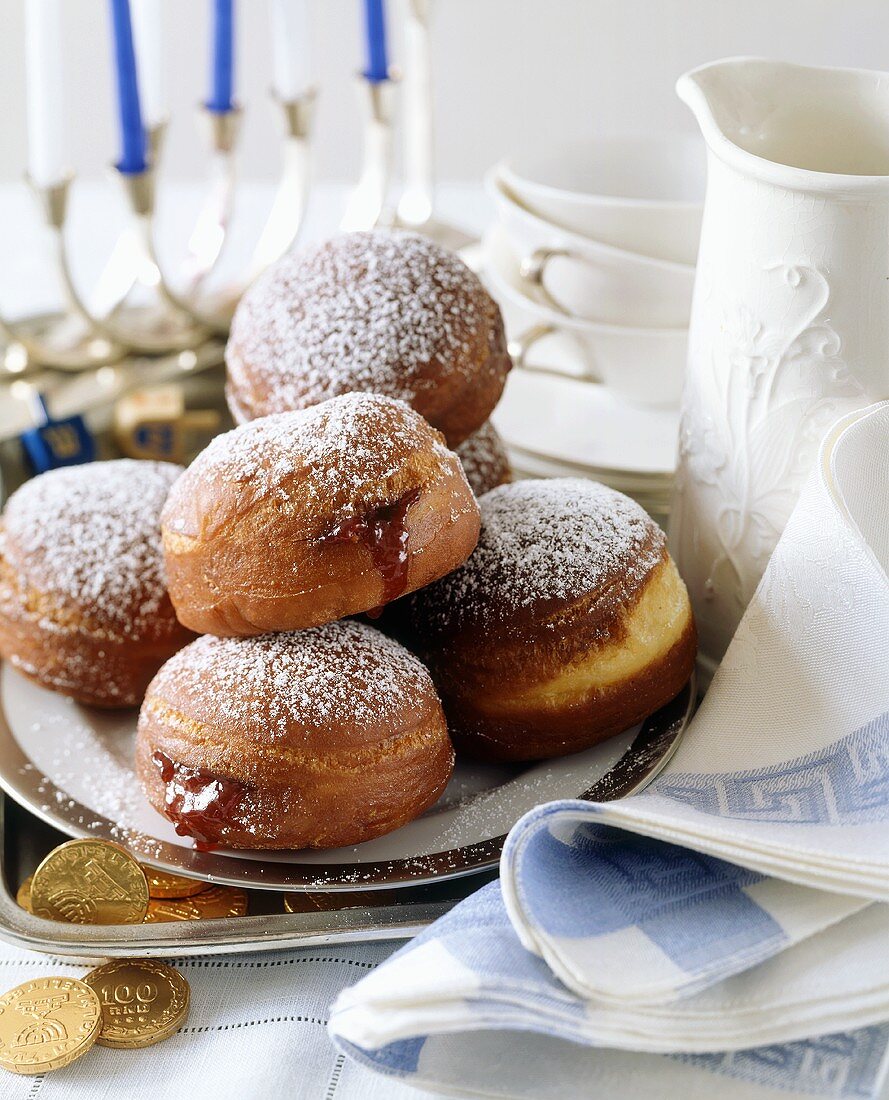 Jam doughnuts and chocolate coins for Hanukkah