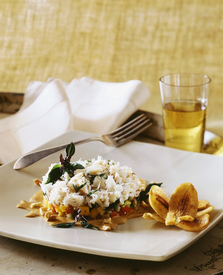 Crabmeat with mango and banana chips