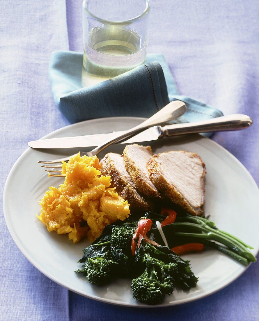 Pork loin with sweet potatoes and broccoli