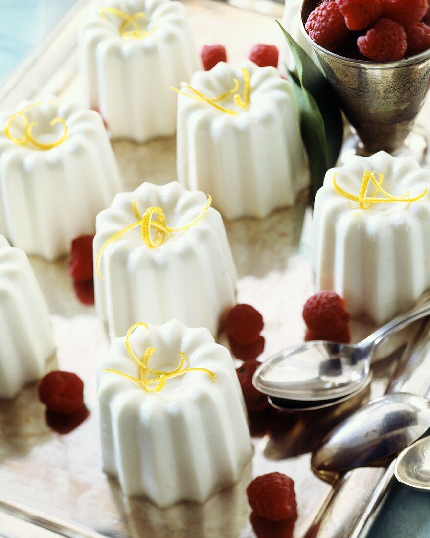 Blanc manger (white almond dessert) with raspberries