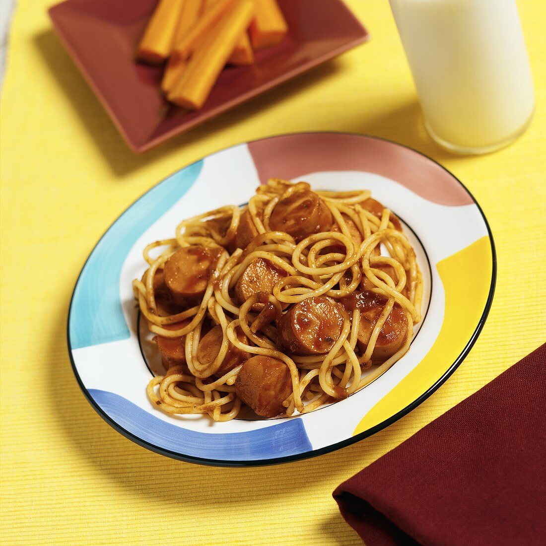 Kids Meal, Spaghetti and Sliced Hot Dogs with Marinara Sauce, Carrots Sticks and Milk