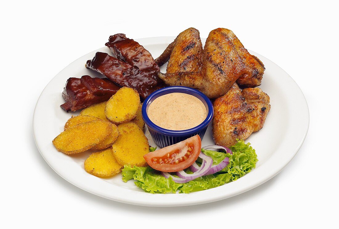 Barbecue Combo Dinner, Spare Ribs, Chicken, Sliced Potatoes and Dipping Sauce