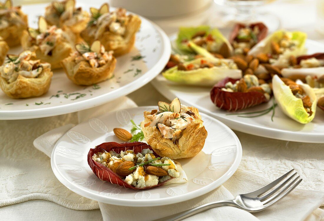 Puff pastry appetisers with almonds & stuffed salad leaves