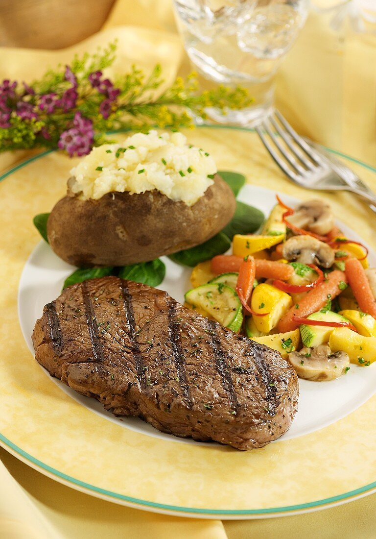 Grilled Steak with Vegetables and a Baked Potato on a Plate with Fork