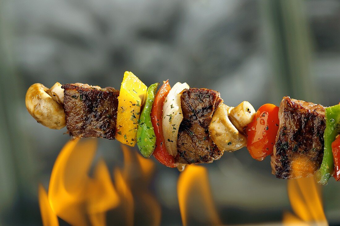Beef and vegetable kebab over a fire