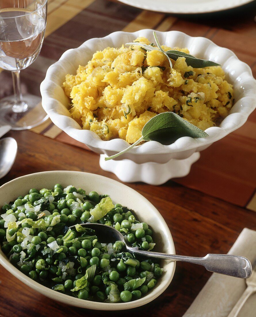 Two side dishes: pumpkin with sage, peas