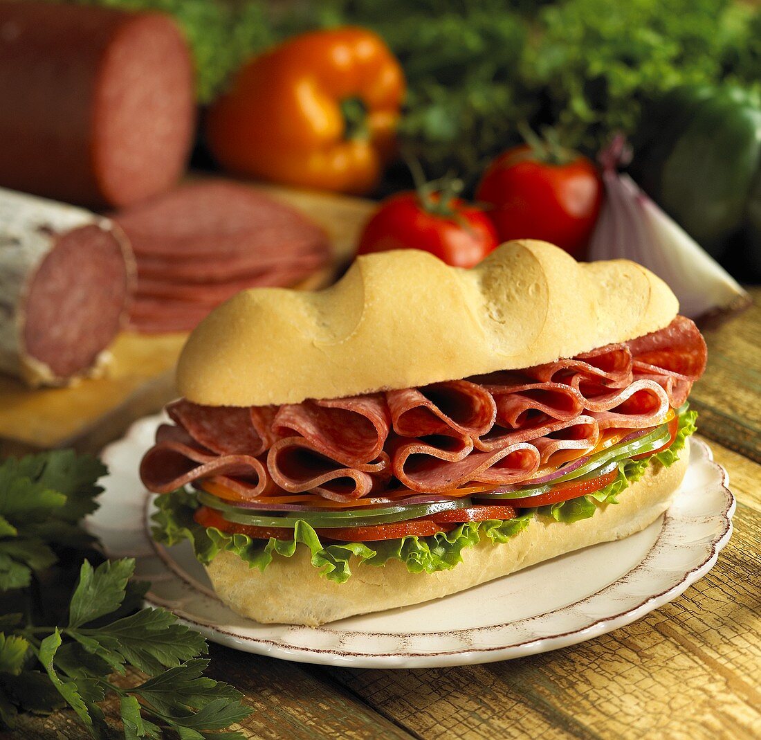 Sub-Sandwich, im Hintergrund Zutaten