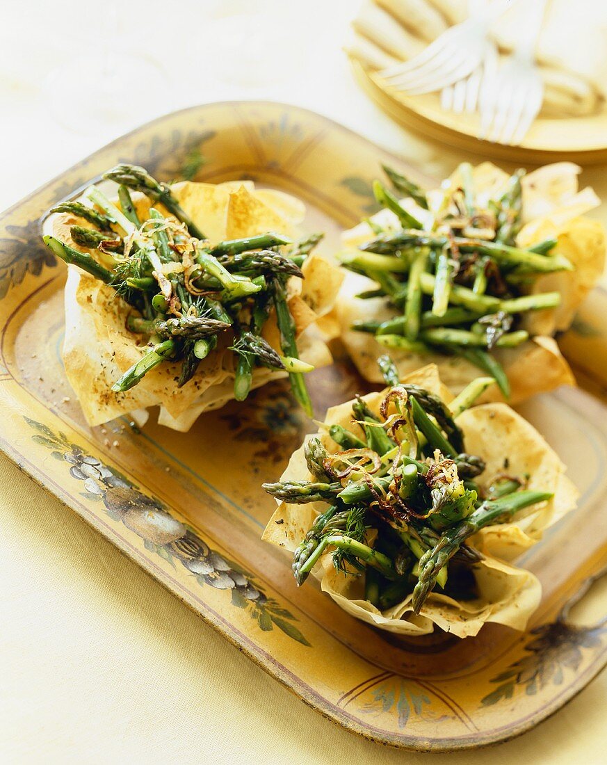 Phyllo Cups Stuffed with Roasted Asparagus on a Platter