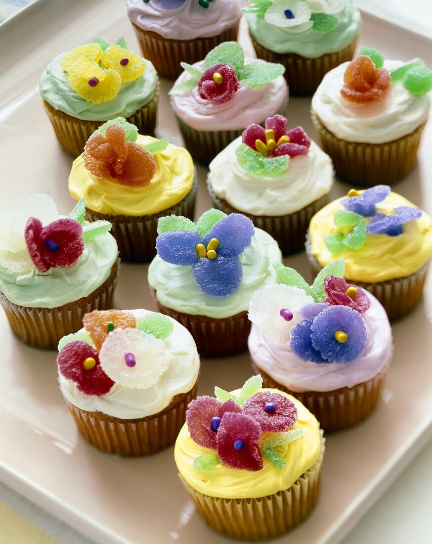 Platter of Cupcakes Decorated with Sugar Blossoms