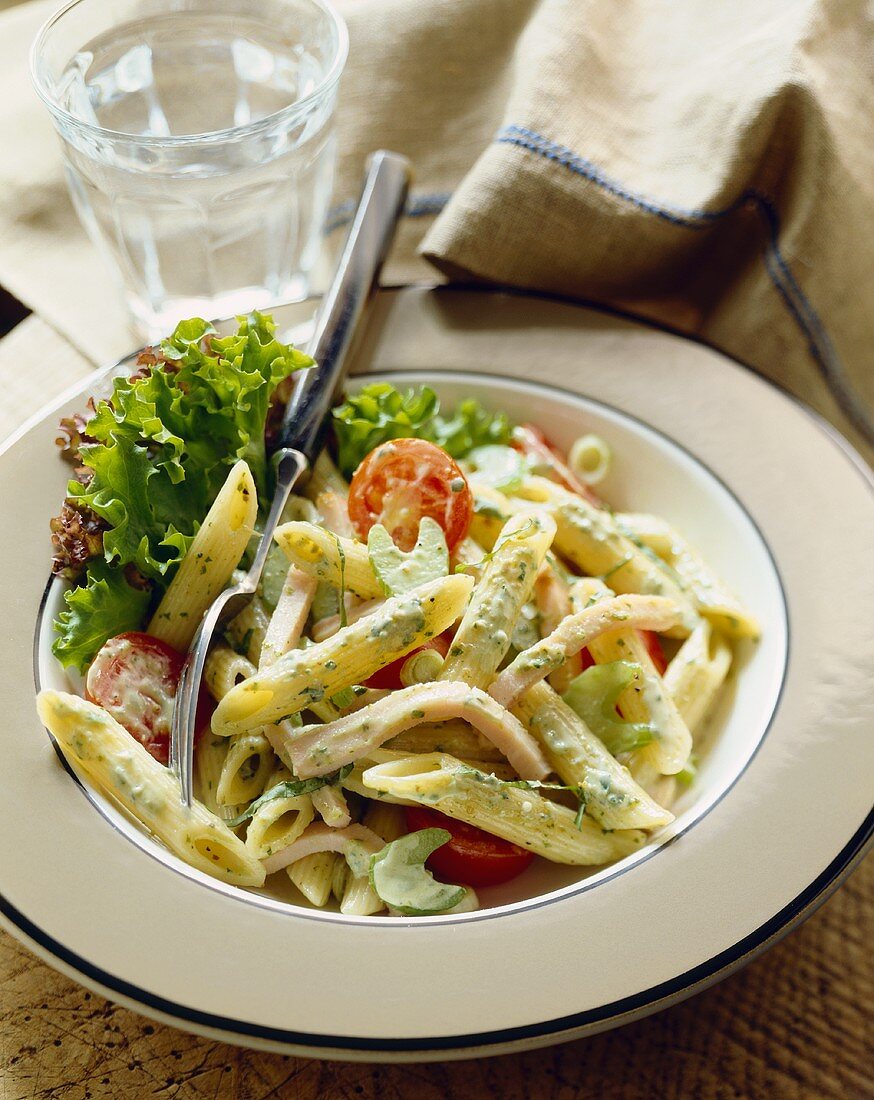 Penne Pasta with Vegetables in a Pesto Sauce in a Bowl with a Fork