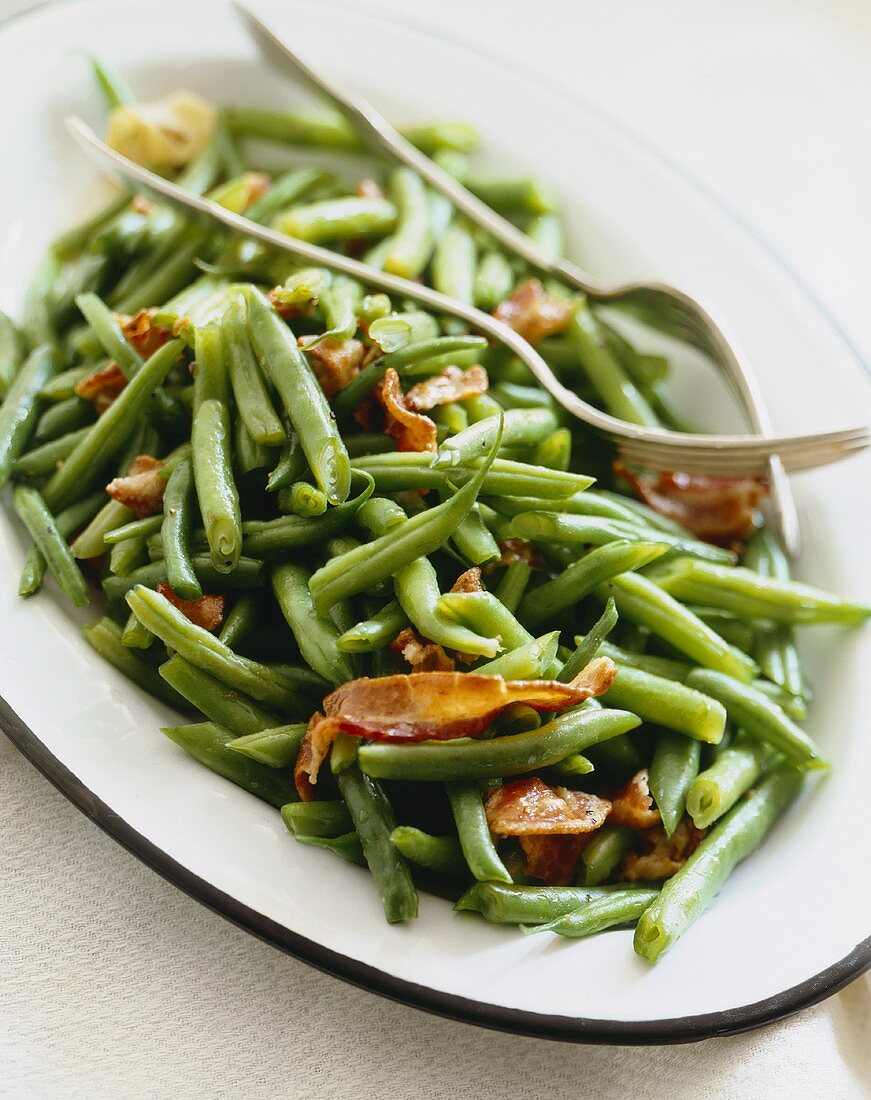 Side Dish, Platter of Green Beans with Bacon, Two Forks